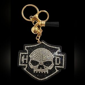 Crystal Harley Davidson Skull Bag Charm Keychain with Gold Accents
